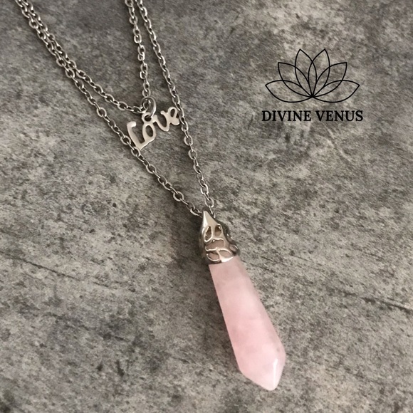 Rose Quartz Love Pendent Stainless Steel Necklace - Picture 2 of 8
